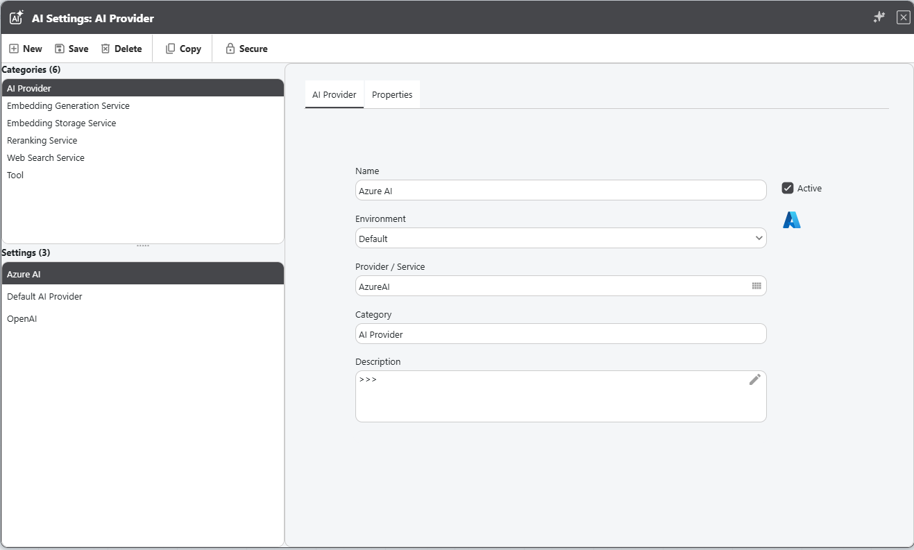 appRules AI Settings — AI Provider configuration screen showing Azure AI provider name, environment, provider/service, category, and a Properties tab for detailed settings