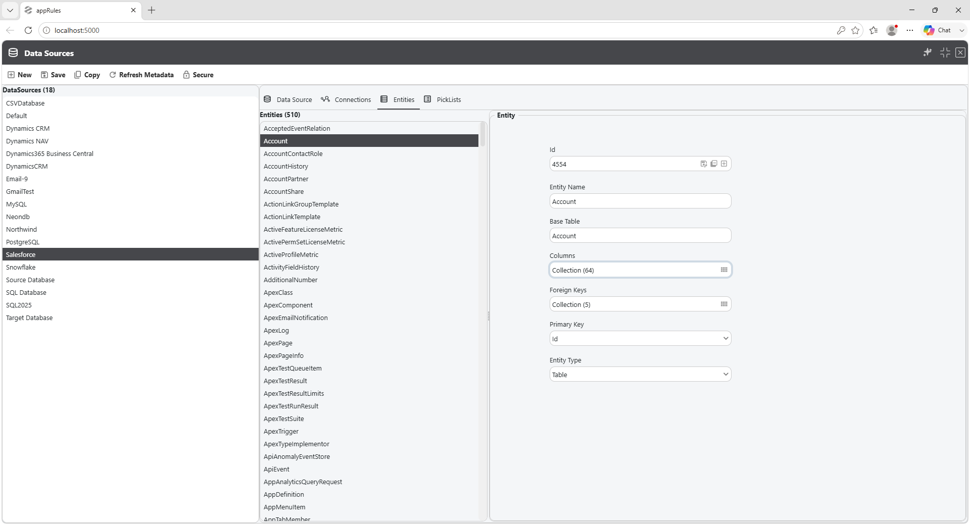 appRules Data Sources — Entities view showing 510 discovered entities with columns, foreign keys, and primary key metadata