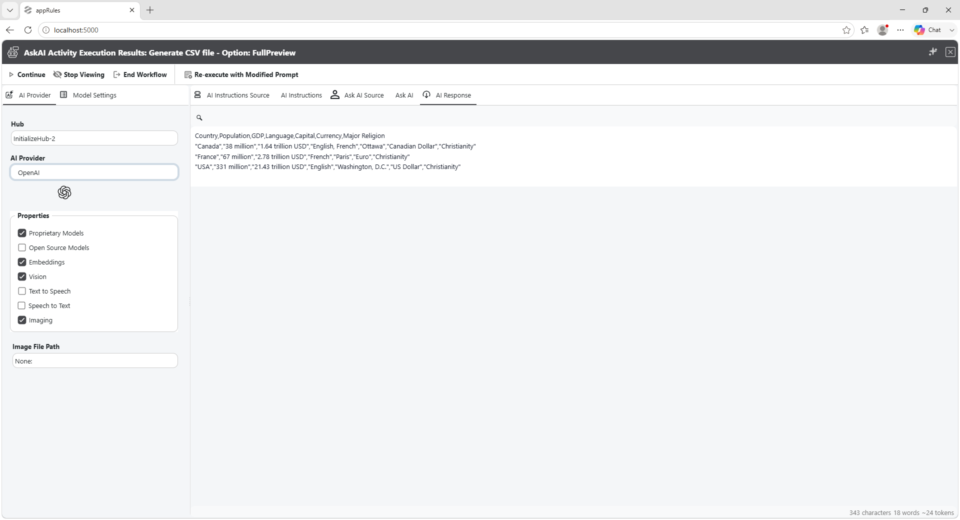 SmartPrompt Debugger — AskAI activity execution results showing AI Instructions Source, AI Instructions, Ask AI Source, Ask AI, and AI Response tabs, with options to Continue, Stop Viewing, End Workflow, or Re-execute with Modified Prompt