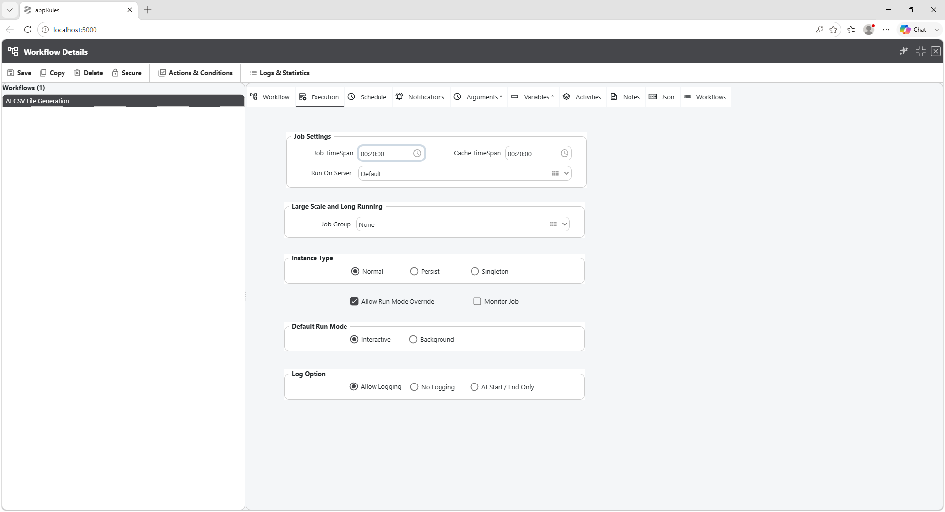 appRules Workflow Execution Settings — job server, caching, job group, instance type, and logging options
